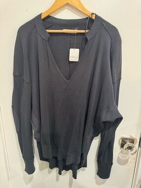 We The Free Charcoal Waffle Knit V-Neck Pullover